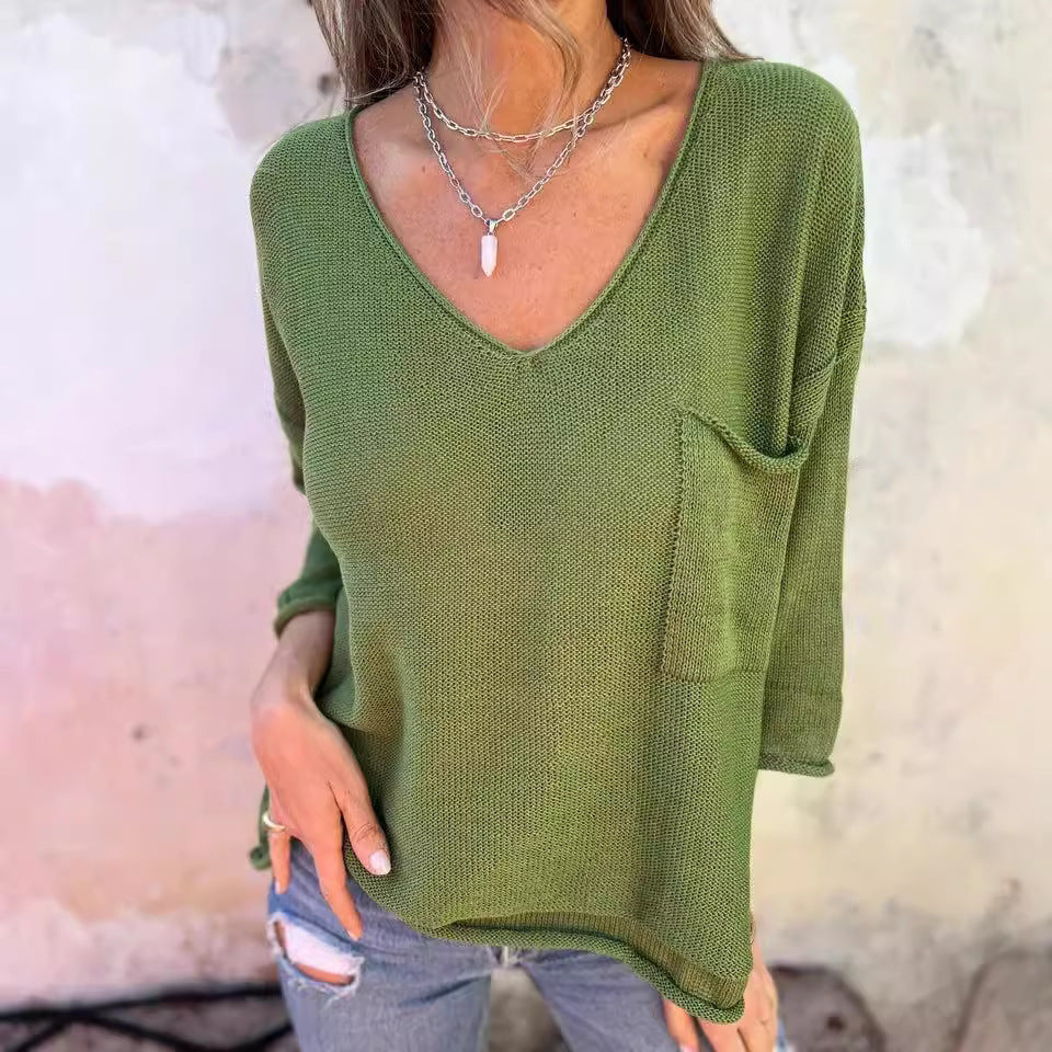 V-neck Long Sleeve Pocket Casual Knitted Sweater Top