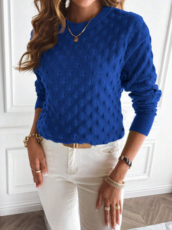 Solid Color Pullover Knitwear Top with Round Neck and Long Sleeves