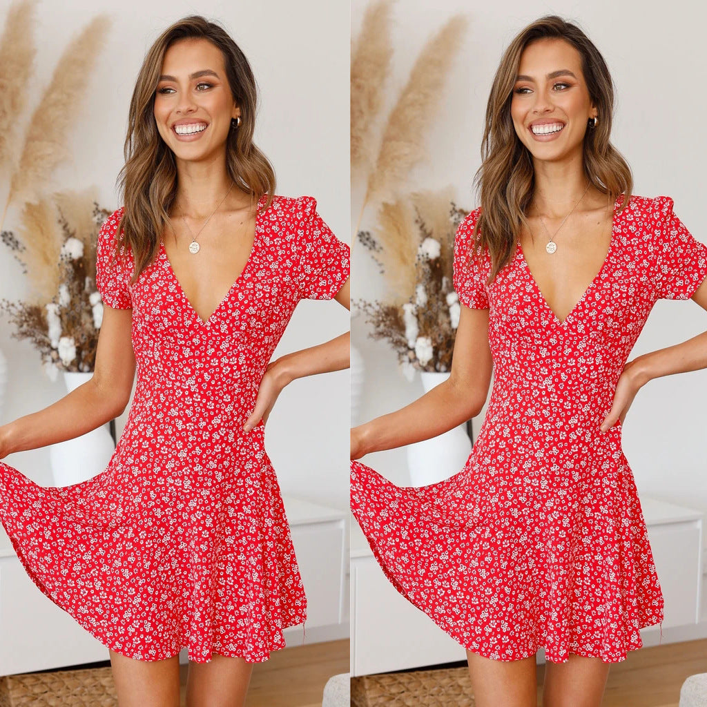 V-neck Leisure Small Floral Dress