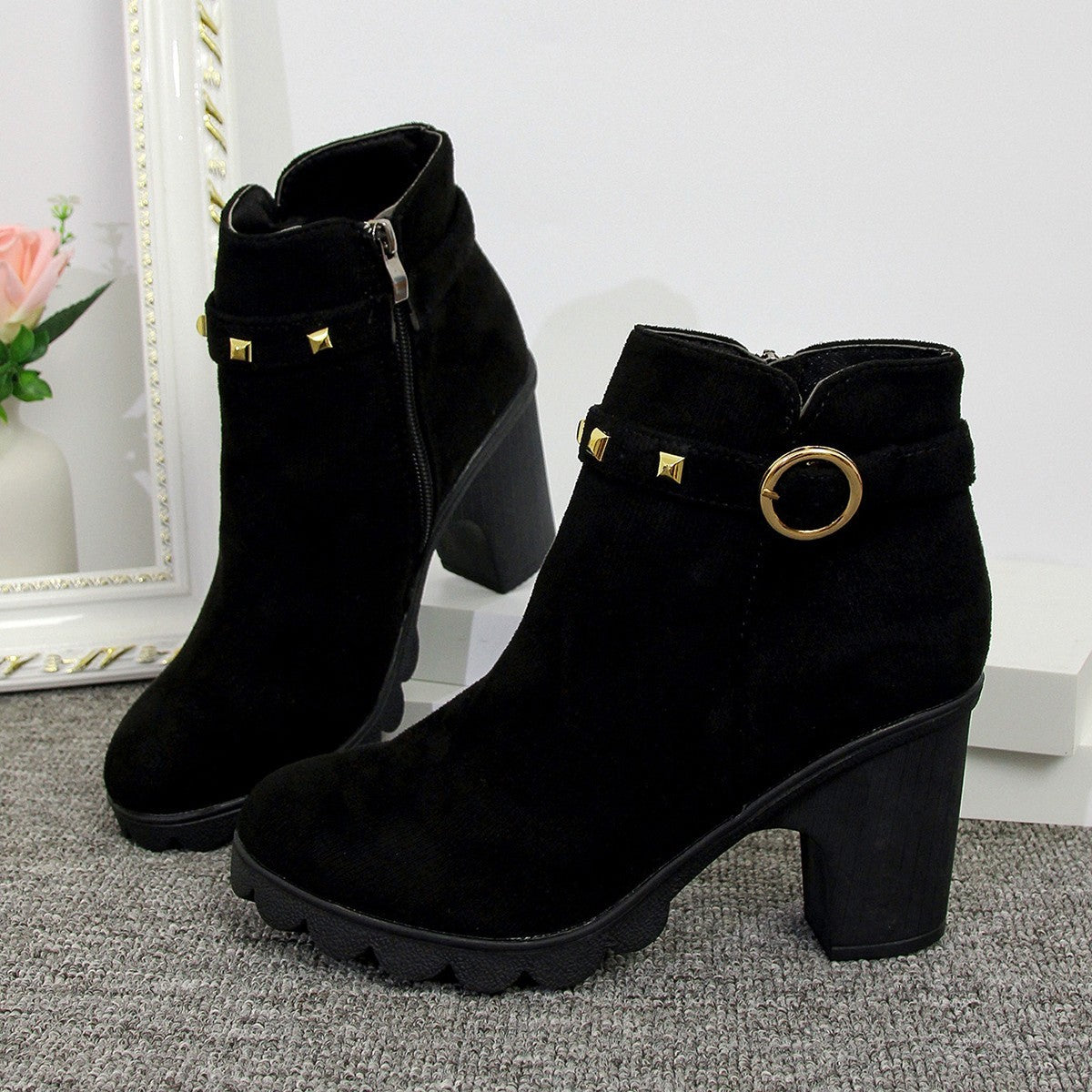 High Heel Women's Chunky Heel Round Toe Ankle Boots with Side Zipper