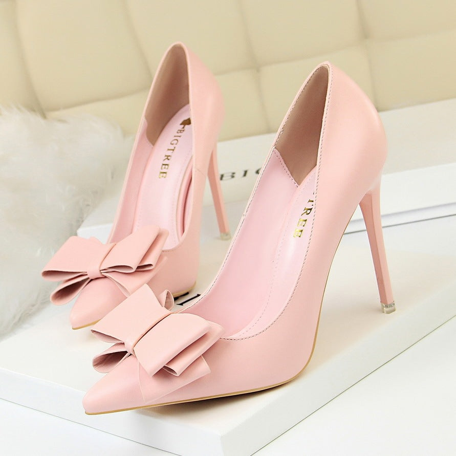 Shallow Mouth Pointed Toe Single Shoes with Bow Detail