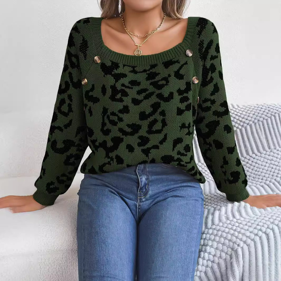 Casual Square Collar Button Contrast Color Leopard Print Long Sleeve Sweater