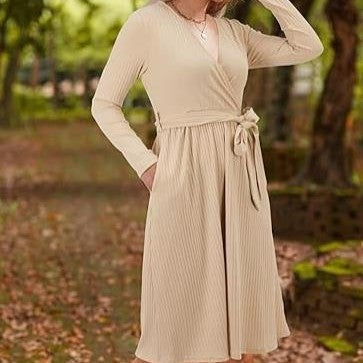 Mid-Length Dress with Belt and Pockets