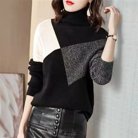 Women's Loose-Fit High Collar Color-Blocked Sweater