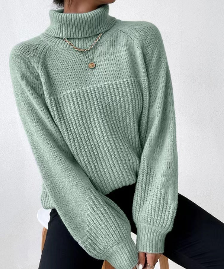 Women's Simple Lapel Raglan Sleeve Pullover Knitted Sweater