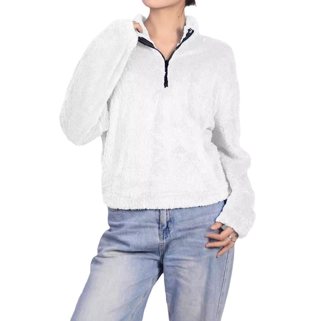 Thermal Half-High Collar Long Sleeve Top with Zipper Design – Loose and Casual Style