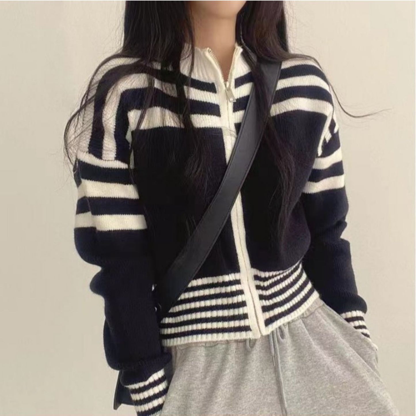 Short Striped Sweater Coat – Long Sleeve Casual Style