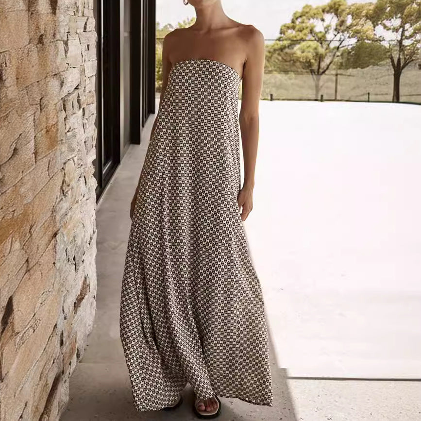 Simple Off-Shoulder Sleeveless Dress with Printed Design