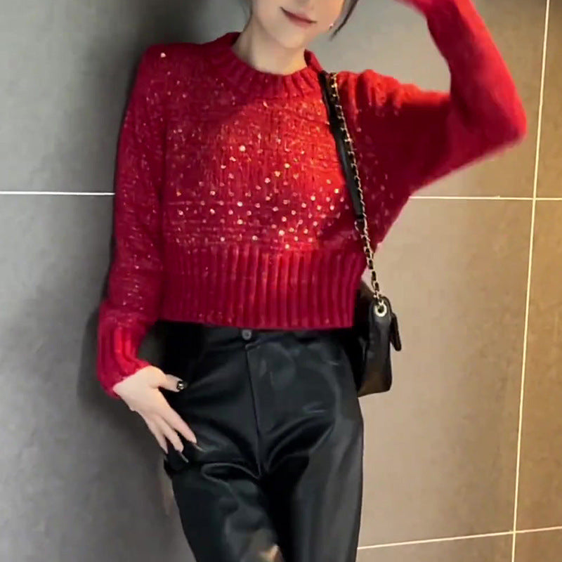 Korean Style O-Neck Sequined Short Pullover Sweater