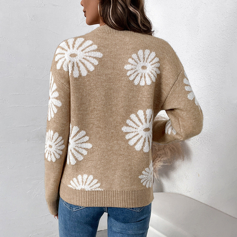 Women's Loose Long Sleeve Round Neck Flower Sweater