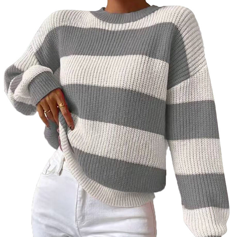 Women's Loose Fit Striped Sweater - Long Sleeve Pullover