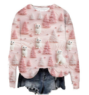 New Printed Loose Christmas Tree Pullover Sweater – Unisex Round Neck for Men & Women