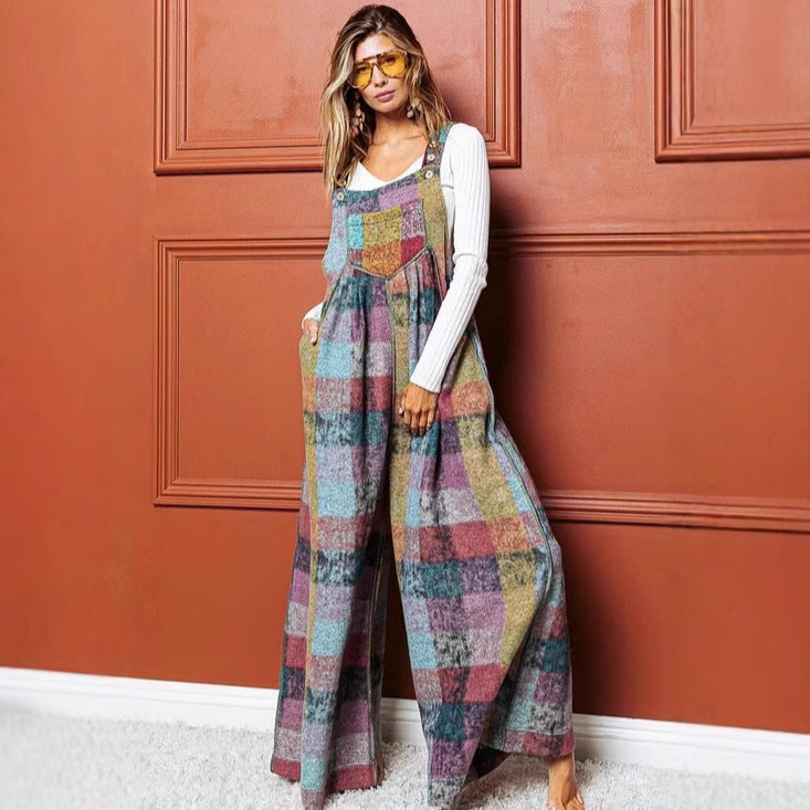 Women's Multi-Color Plush Plaid Wide-Leg Overalls – Cozy and Stylish