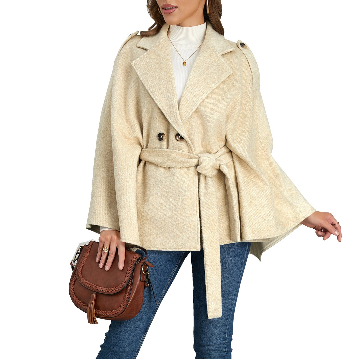 Bandage Style Woolen Coat with Batwing Sleeves and Lapel