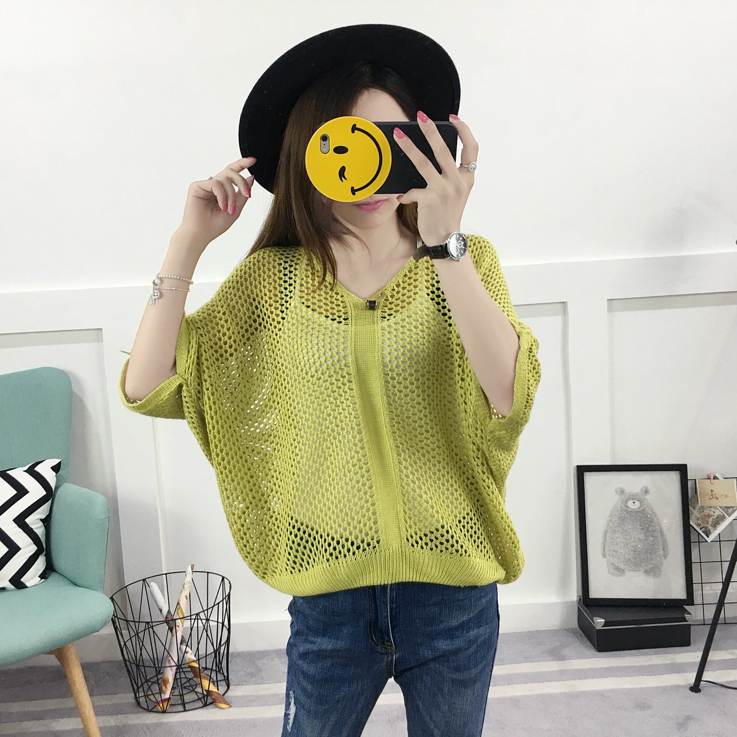 Spring and Summer Loose V-Neck Hollow Knit Sweater