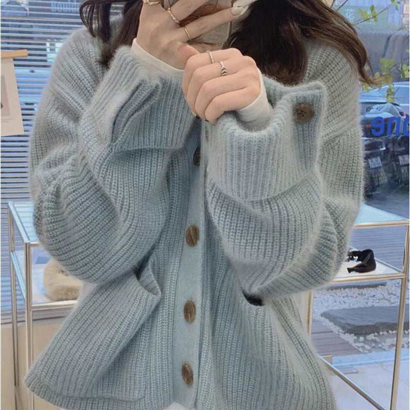 V-Neck Soft Knit Single-Breasted Loose Sweater Coat