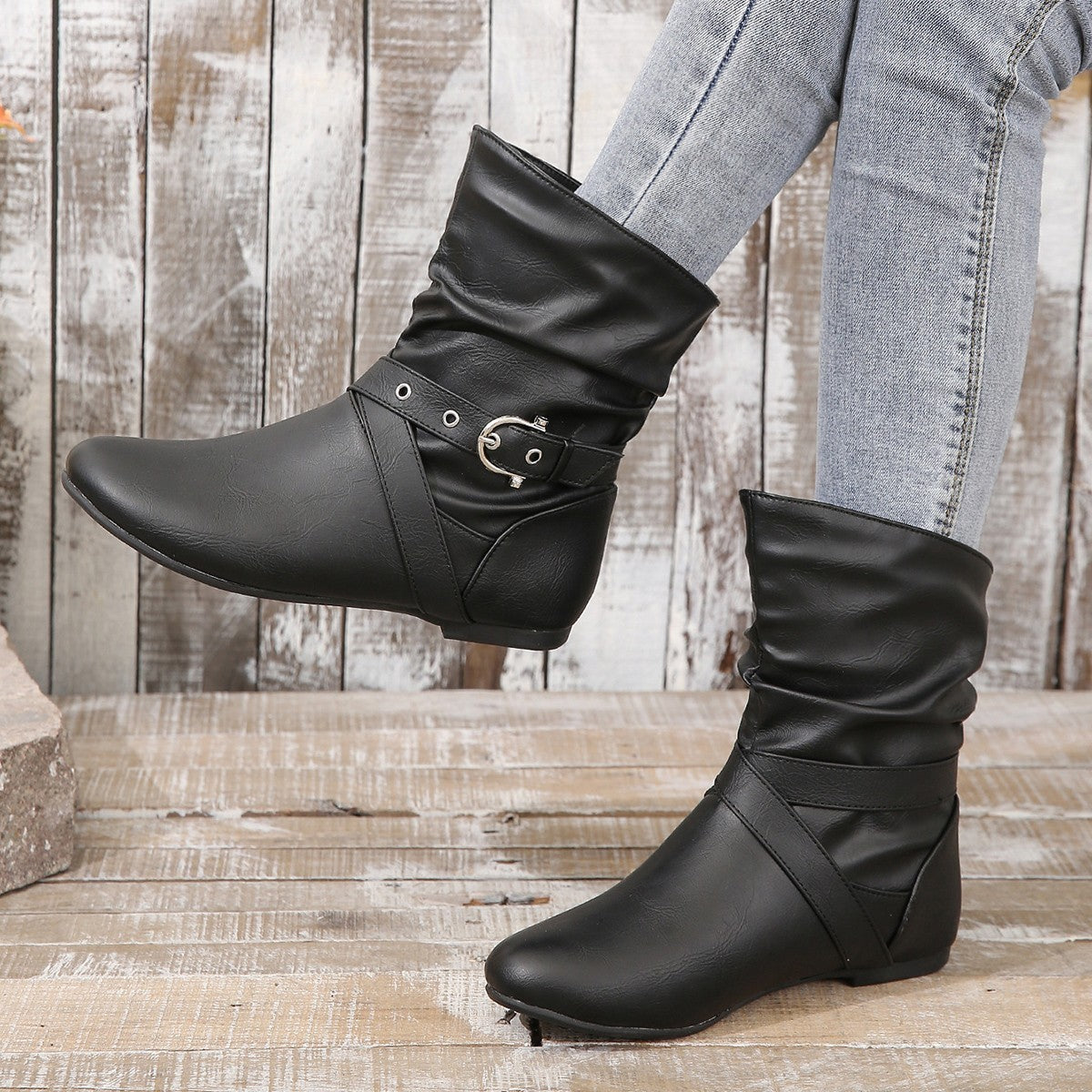 European and American Round Toe Pleated Ankle Boots with Flat Belt Buckle