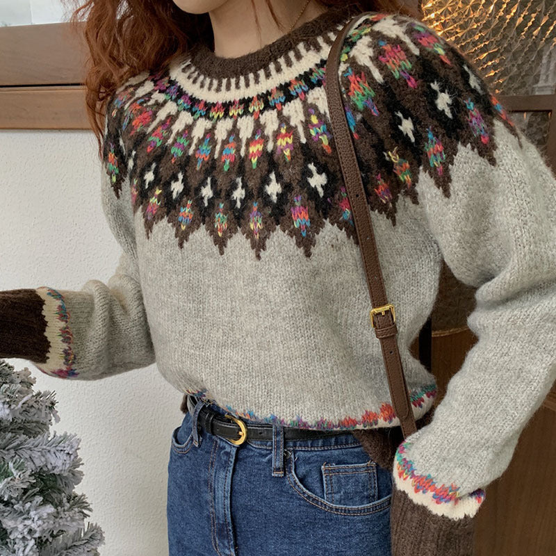 Retro Jacquard Sweater for Women, Loose and Casual Style