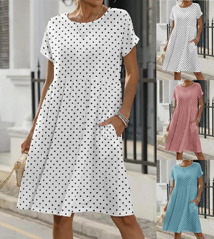 Summer Short Sleeve Round Neck Pocket Polka Dot Print Dress