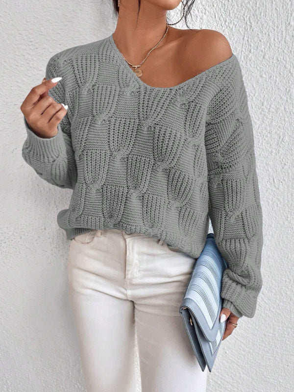 Loose-Fit V-Neck Solid Color Knit Pullover Sweater - Casual and Cozy Style