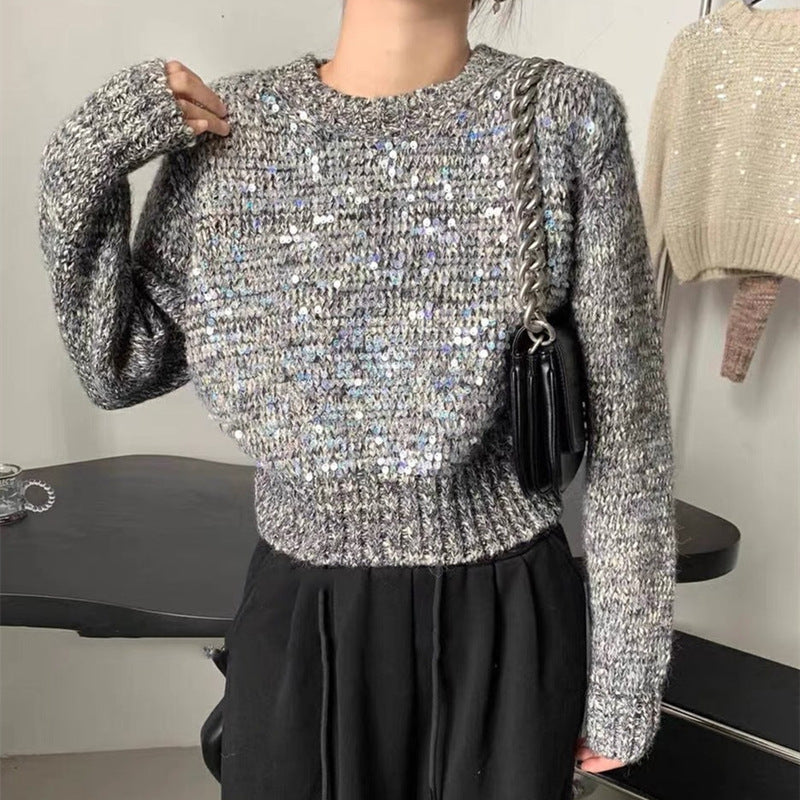 Korean Style O-Neck Sequined Short Pullover Sweater