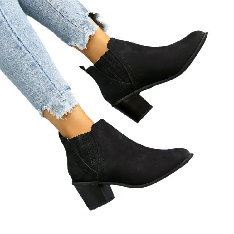 European and American Plus Size Women's Pointed Toe Chunky Heel Martin Boots