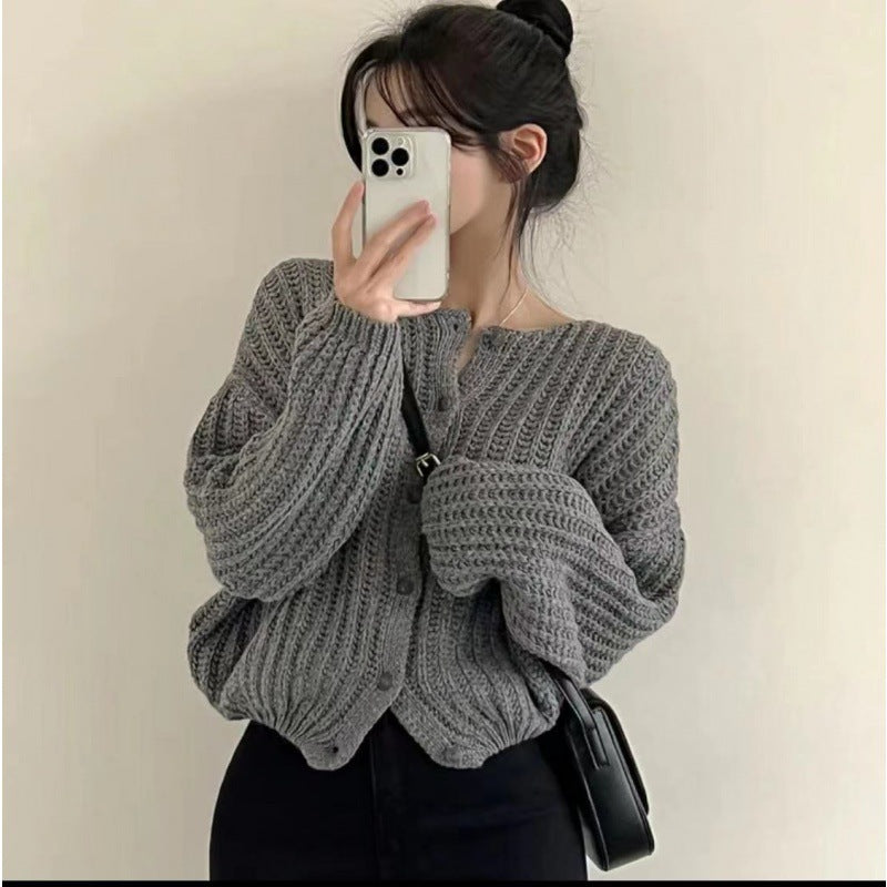 Lazy Solid Color Women's Sweater Coat – Loose Round Neck Single-Breasted Top