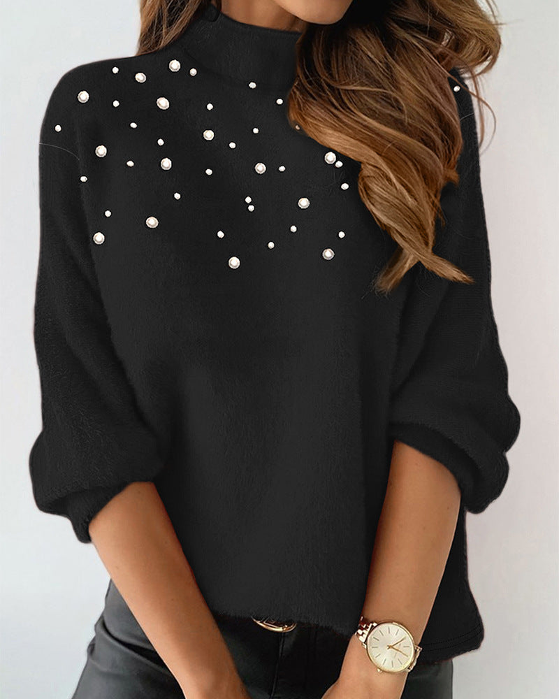 Women's Beaded Turtleneck Long-Sleeve Top - European & American Style