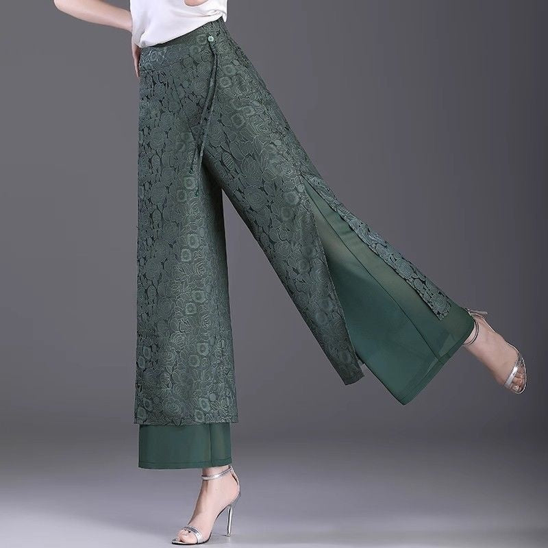 Chinese Style High Waist Loose Split Pants, Thin Fabric