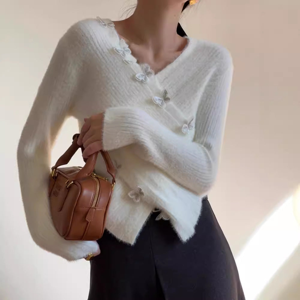 Three-Dimensional Butterfly Furry V-Neck Sweater