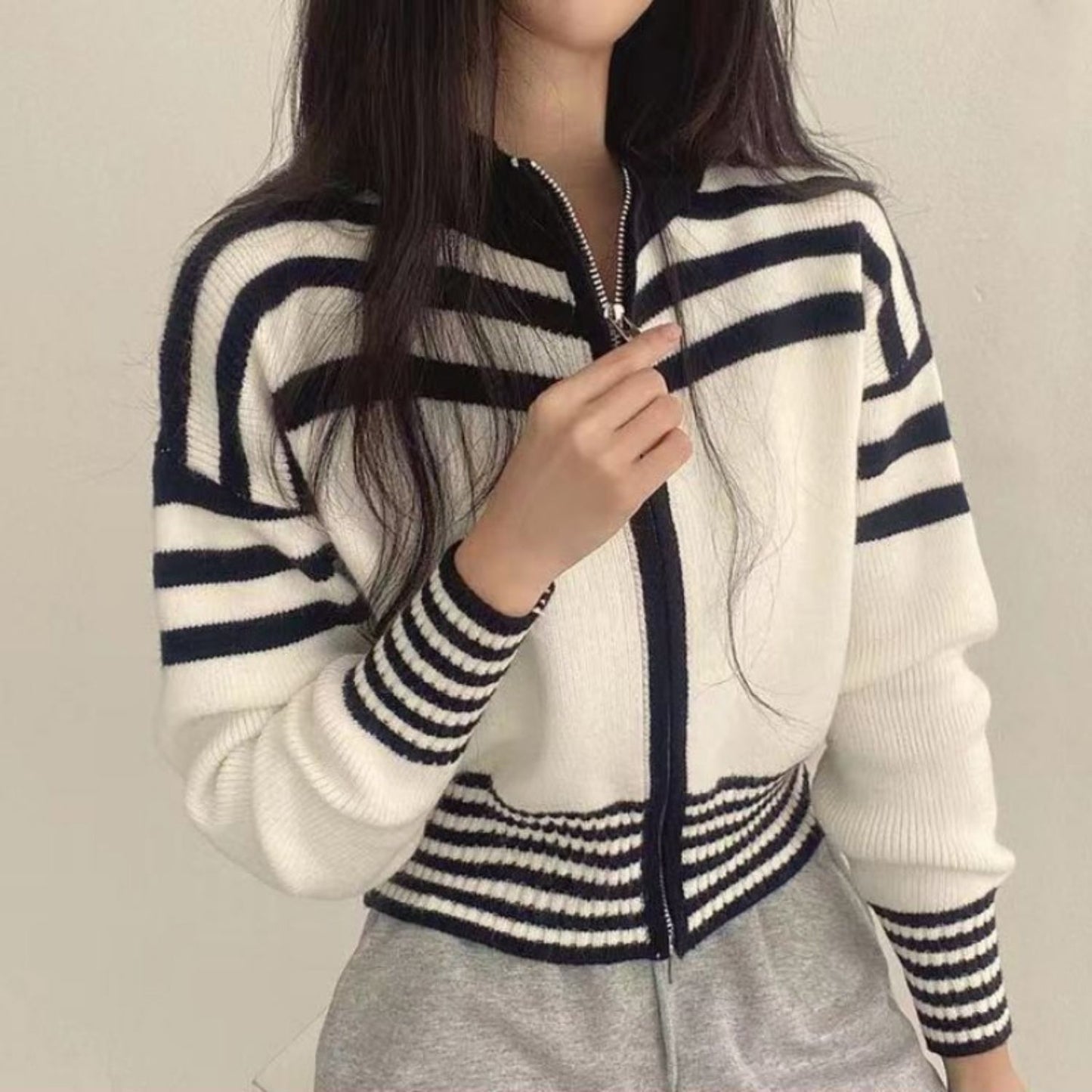 Short Striped Sweater Coat – Long Sleeve Casual Style