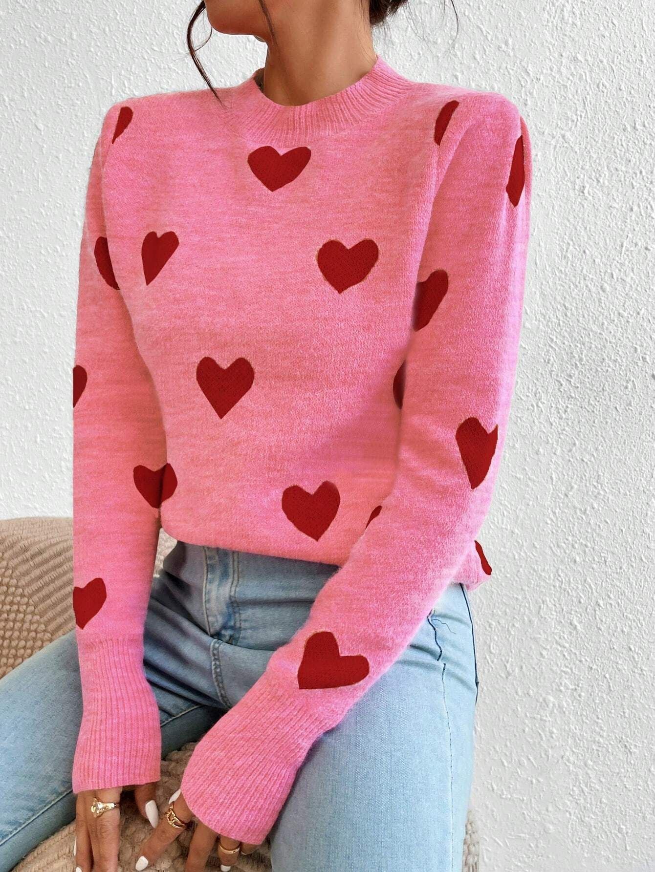 Leisure Heart Jacquard Long Sleeve Crew Neck Pullover Sweater for Women