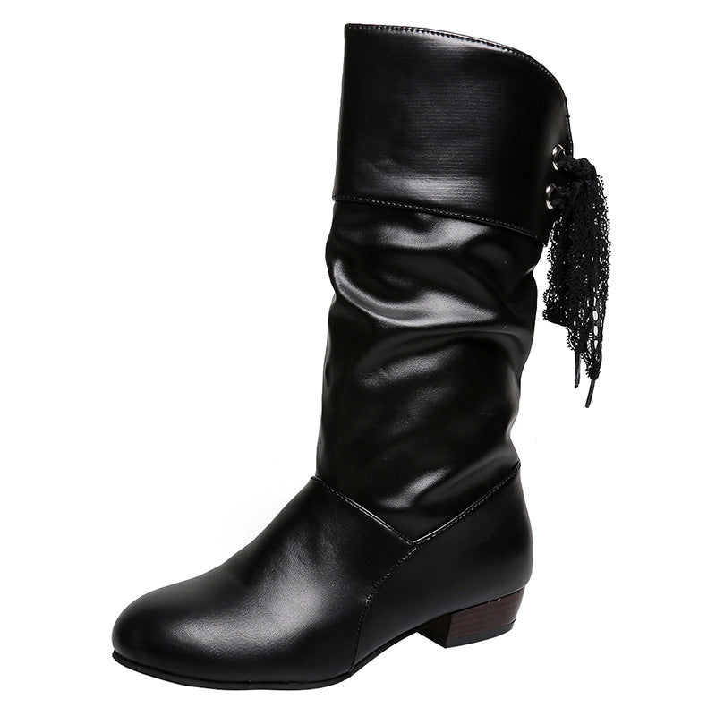 Student Mid-Calf Slingback Boots with Low Heel and Round Toe