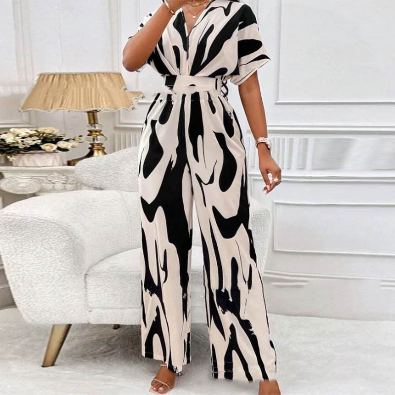 V-Neck Loose-Fit Printed Long Jumpsuit