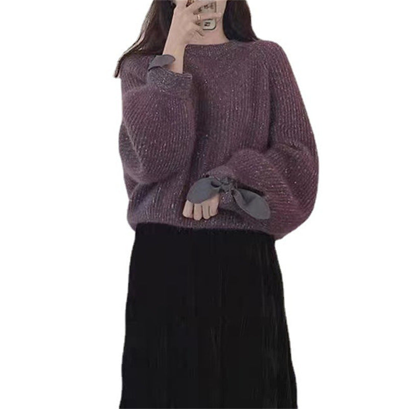 Lazy Chic Bow Detail Lantern Sleeve Mink-Like Knitwear