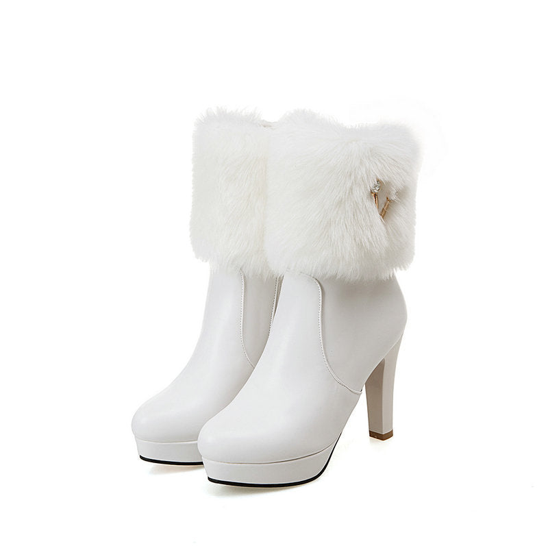 Autumn and Winter Short Snow Boots for Women, Chunky Heel Buskin Booties