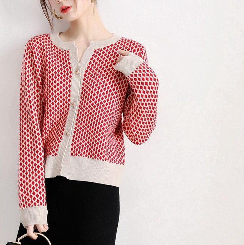 Women's Commuter Loose-Fit Small Plaid Knitted Cardigan Coat