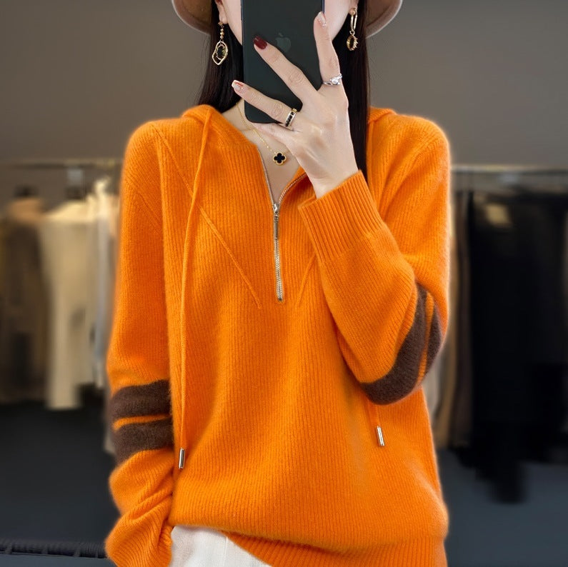 Hooded Zipper Knit Sweater for Women - Thickened, Color-Block Design