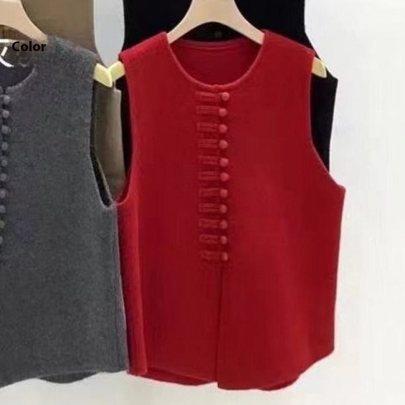 Western Style Knitted Vest - Minimalist Sleeveless Top with Chinese Knot Button Detail