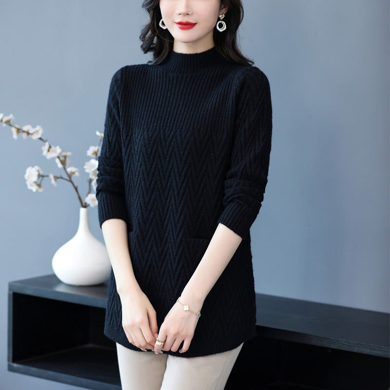 Women's Winter Loose-Fit Half Turtleneck Knitted Woolen Sweater Skirt