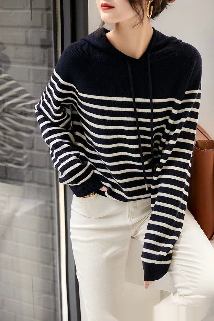 Women's Wool Knitted Hooded Sweater Pullover – Striped Loose Fit Design