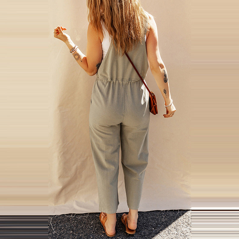 Solid Color Sleeveless Camisole Jumpsuit, Loose Fit