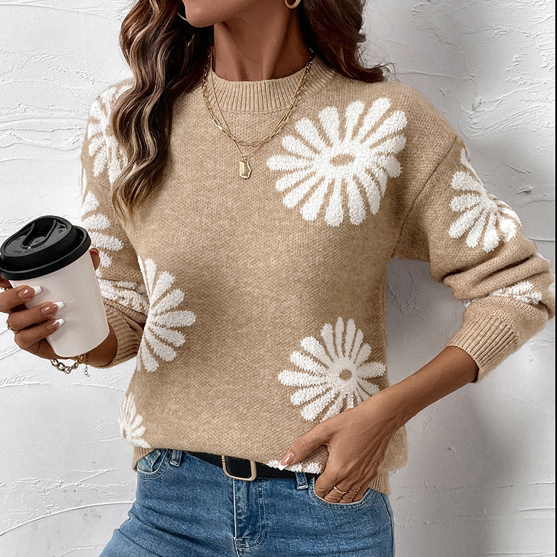 Women's Loose Long Sleeve Round Neck Flower Sweater