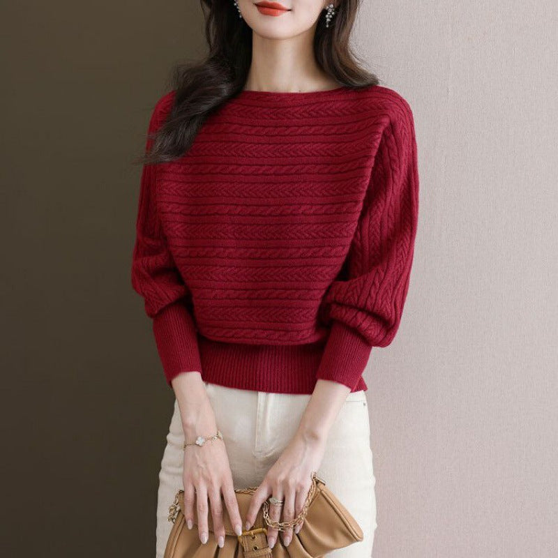 Autumn and Winter Boat Neck Loose-Fitting Batwing Sleeve Knitted Top