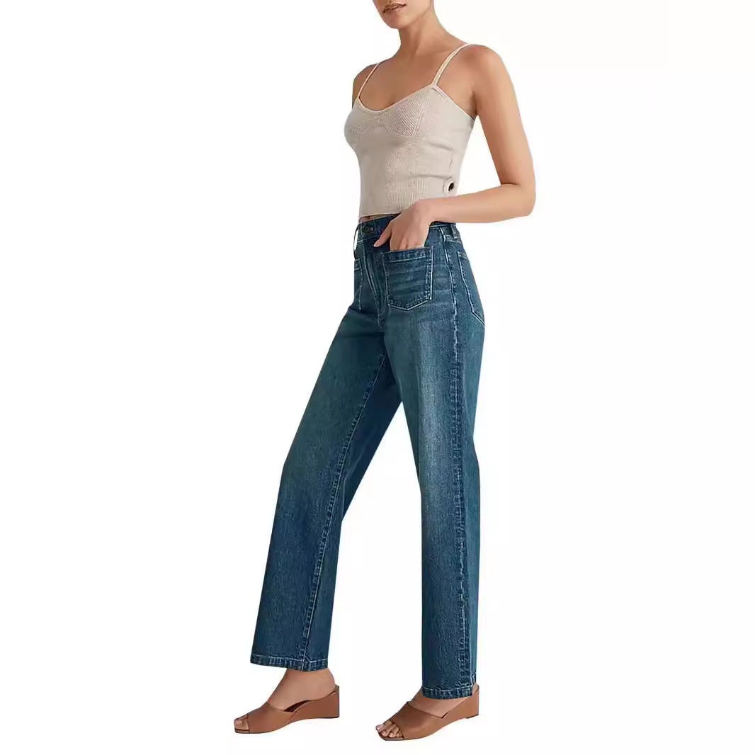 Washed Wide-leg Women's Jeans with Square Pockets