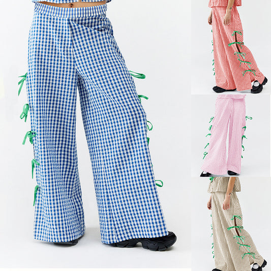 Women's Fashionable Plaid Trousers with Side Slits