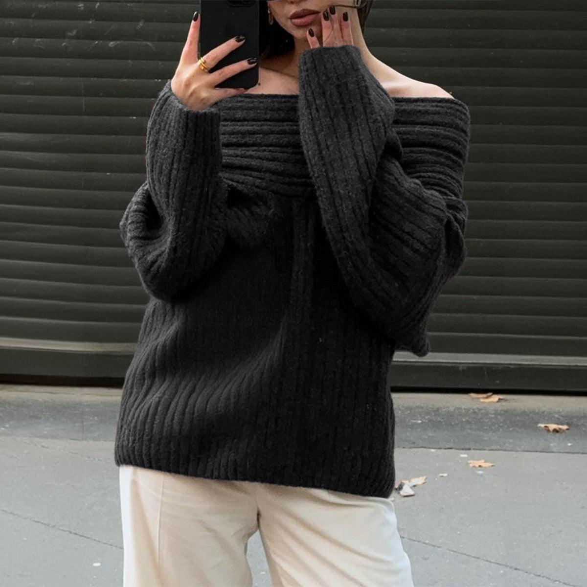 Loose One-Shoulder Pullover Sweater with Trumpet Sleeves - Fashion Knitted Top