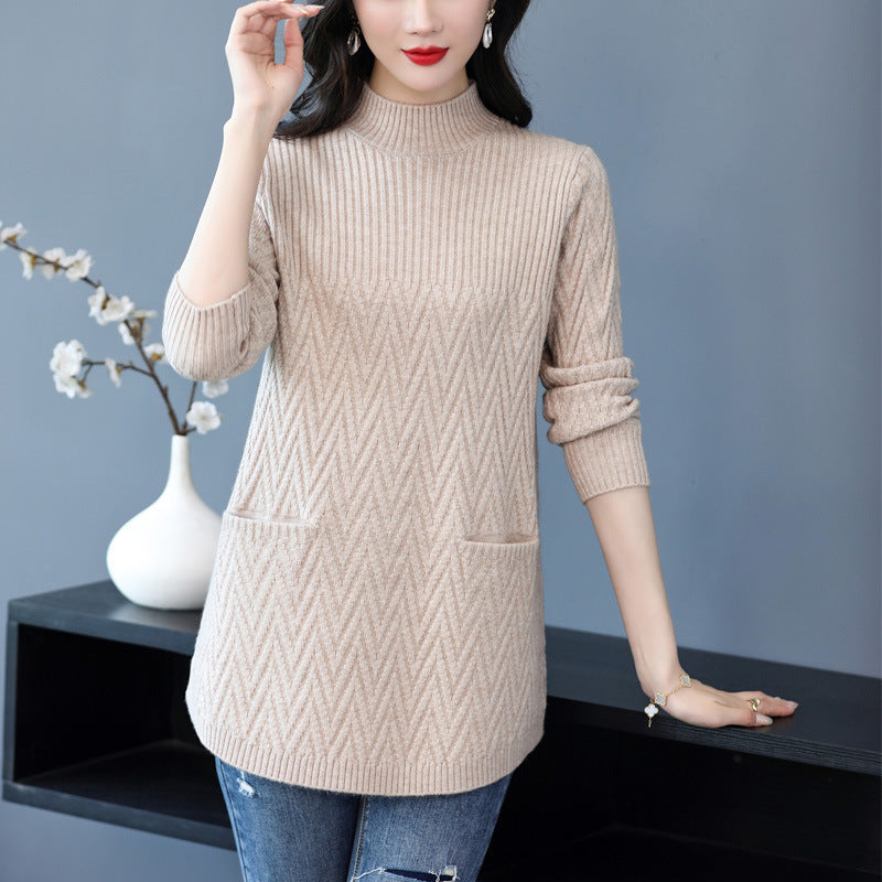 Women's Winter Loose-Fit Half Turtleneck Knitted Woolen Sweater Skirt