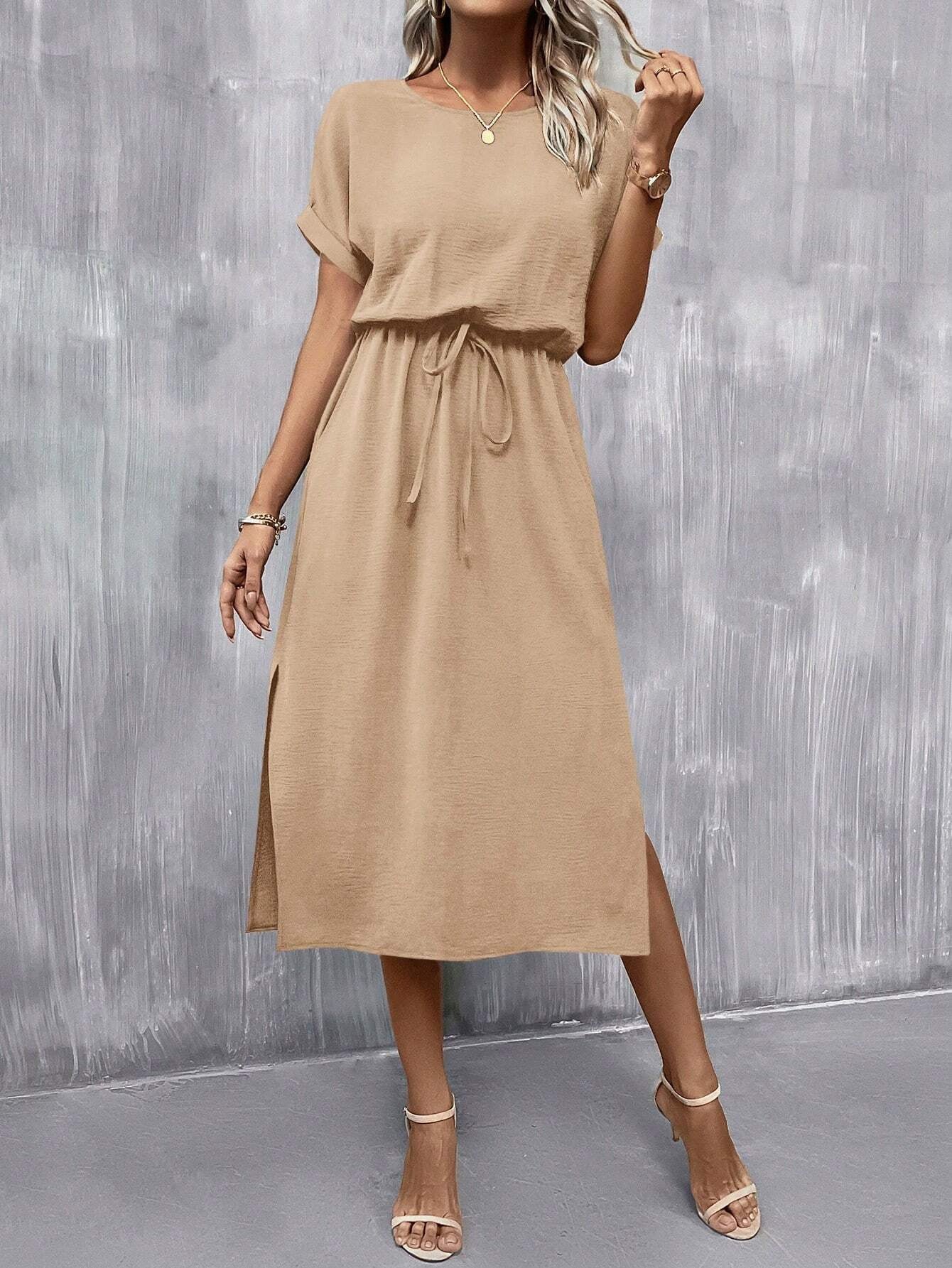 Classy Batwing Sleeve Dress with Knot Front and Thigh-High Split Design