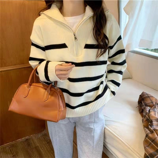 Women's Zippered Contrast Color Striped Sweater